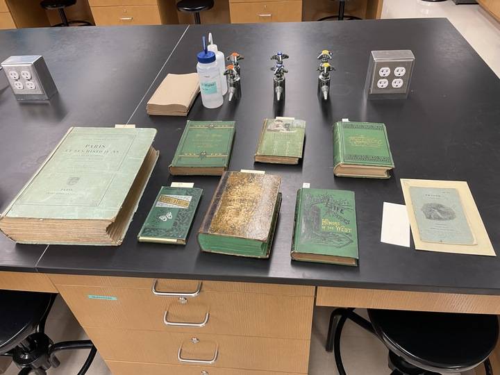 Old books sitting on lab station